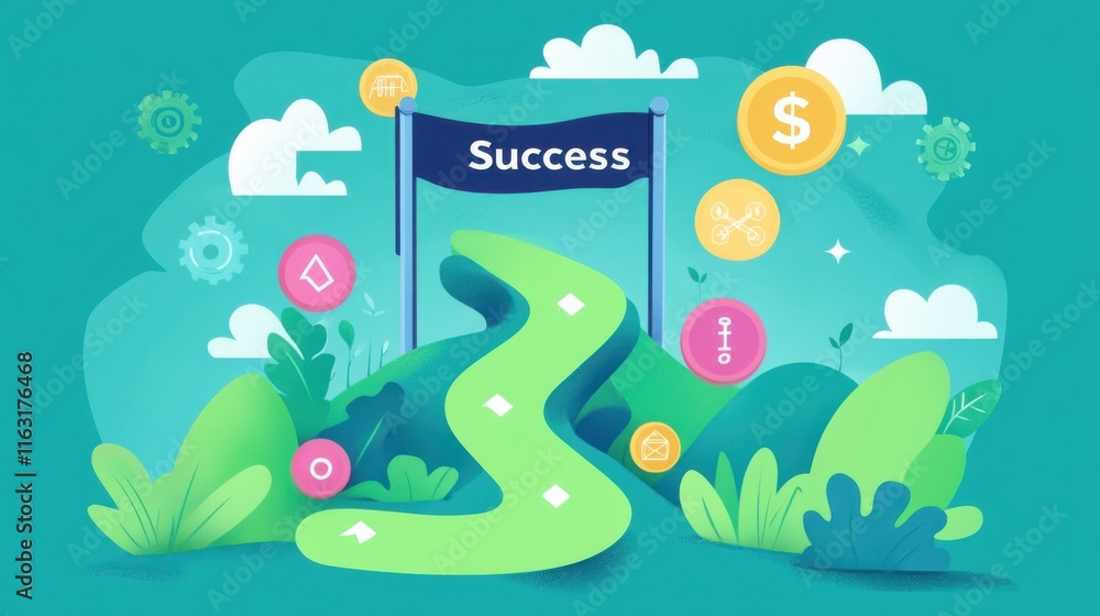 Naklejka premium Achieving Success: A Journey Through Challenges and Triumphs to Reach Your Goals
