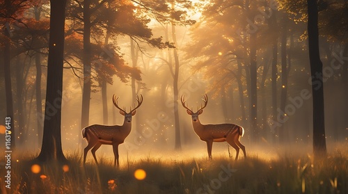 Enchanting Forest Scene with Two Majestic Deer Standing Amid Golden Sunlight and Autumn Trees, Highlighting Nature’s Serenity, Wildlife Beauty, and a Magical Atmosphere for Nature and Wildlife Enthusi photo