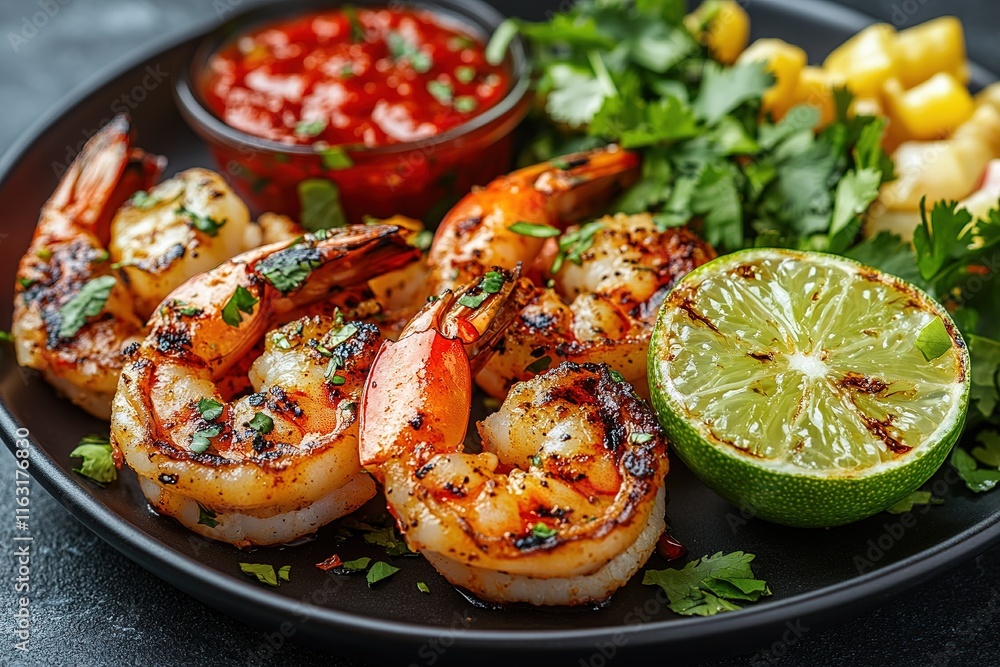 Grilled shrimps or prawns served with lime, garlic and white sauce on a dark concrete background. Seafood. Top view with copy space. Flat lay. Grilled shrimps or prawns served with lime, garlic and white sauce on a dark concrete background. Seafood. Top view with copy space. Flat lay.