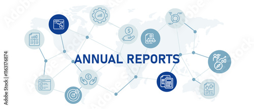 Annual reports yearly summary of business company performance illustration with icon income balance budget cost reporting document for download web header design