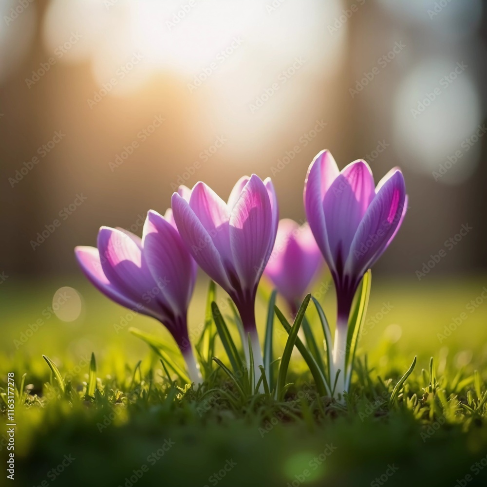 Fototapeta premium Delicate pink crocus flowers bloom in lush green grass, sunlight in serene spring setting. Nature revival. Saffron Crocus is genus of perennial bulbous herbaceous plants Iris family Iridaceae. AI.