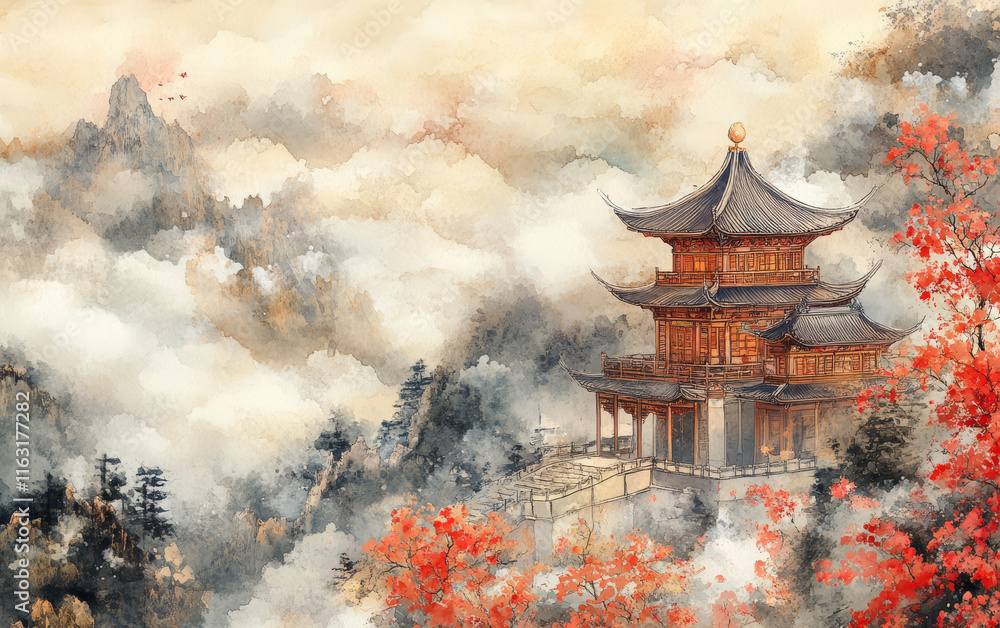 Obraz premium Chinese traditional ancient architecture art illustration