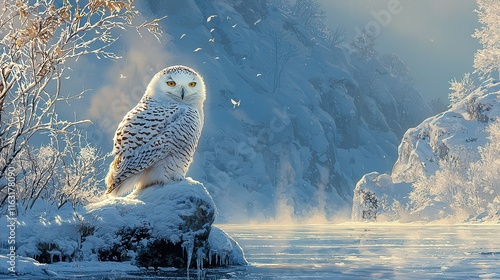 [snowy wildlife ecology environment] Winter Owl Perched on Rocky Outcropping Amidst Frosty Mountains photo