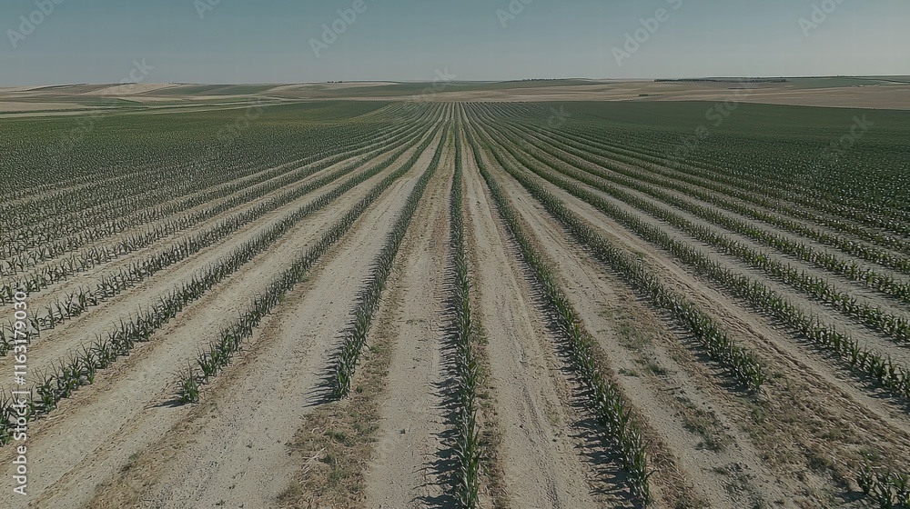 Aerial View of Agricultural Fields with Neatly Planted Rows