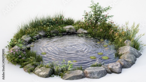 Wallpaper Mural Serene Pond Landscape: Tranquil Water Reflections in a Lush Garden Setting with Blooming Flowers and Rocks Torontodigital.ca