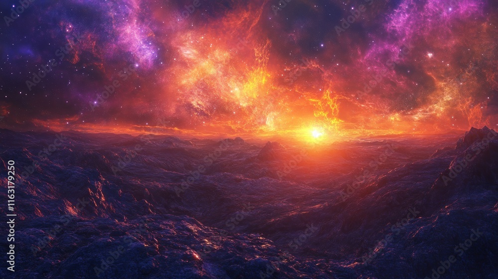 Fototapeta premium Fiery Alien Sunset: A Cosmic Landscape