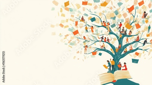 A vibrant illustration of diverse people interacting with a knowledge tree, symbolizing the growth and spread of ideas.