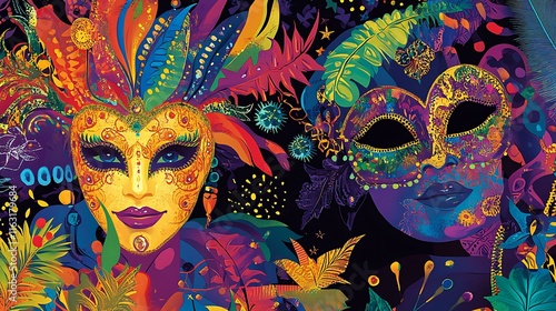 A dynamic Mardi Gras design featuring bold, colorful patterns and elements like masks and beads, embodying the joyous atmosphere and rich traditions of Fat Tuesday photo