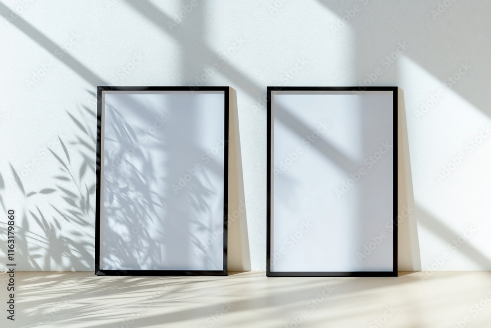 Two empty picture frames casting shadows on a wall. Two empty picture frames casting shadows on a wall.