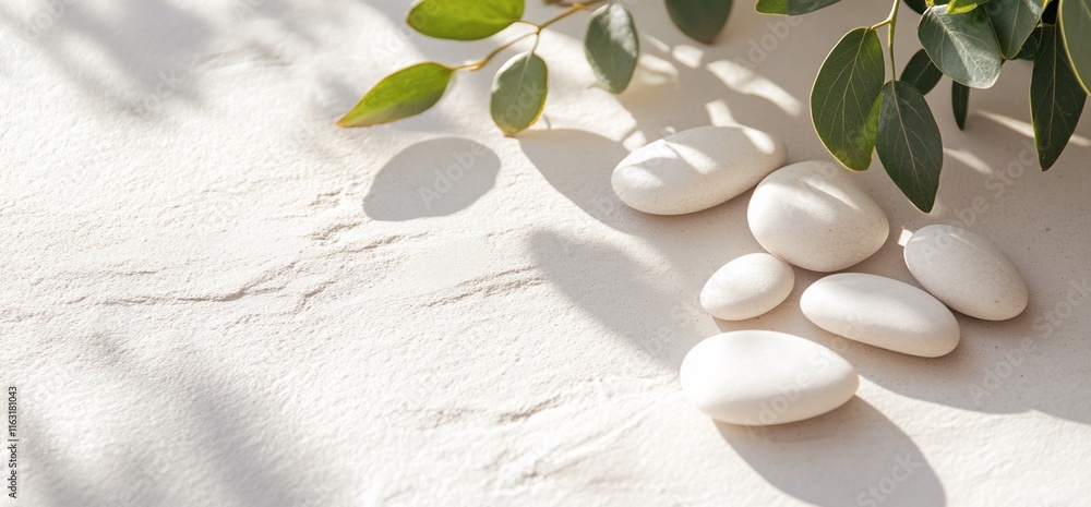A serene arrangement of smooth white stones and green leaves. A serene arrangement of smooth white stones and green leaves.