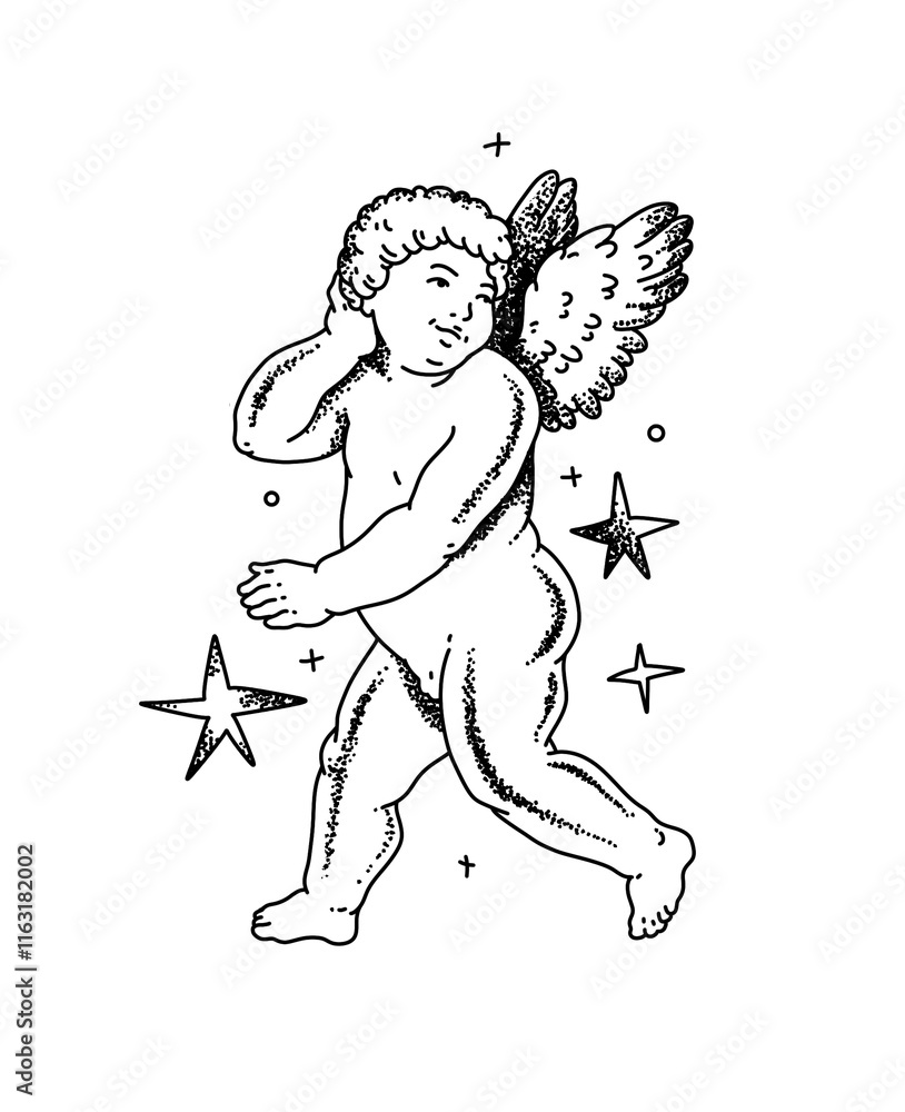 Fototapeta premium Cherub outlines and line art for Valentine's Day. Symbol of love and romantic. Antique Angel Baby Cupid illustration for printing on cards, invitations, tattoo, clothing art
