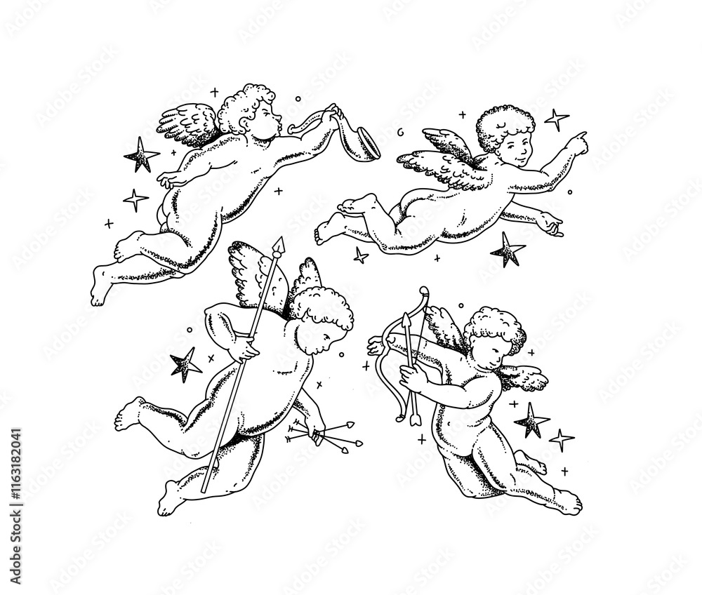 Fototapeta premium Cherub outlines and line art for Valentine's Day. Symbol of love and romantic. Antique Angel Baby Cupid illustration for printing on cards, invitations, tattoo, clothing art