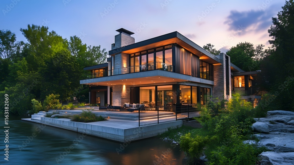 Modern Waterfront House Illuminated At Dusk Modern Waterfront House Illuminated At Dusk