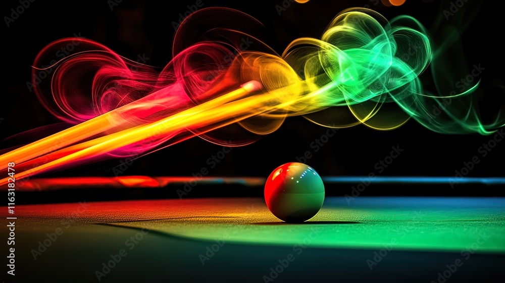 Colorful smoke trails behind billiard cues striking a ball on a green pool table. Colorful smoke trails behind billiard cues striking a ball on a green pool table.