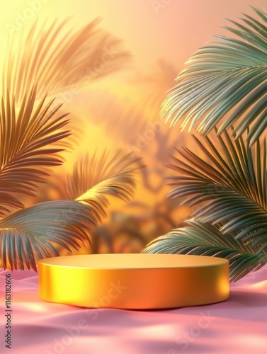 A vibrant scene featuring a golden podium surrounded by lush palm leaves.