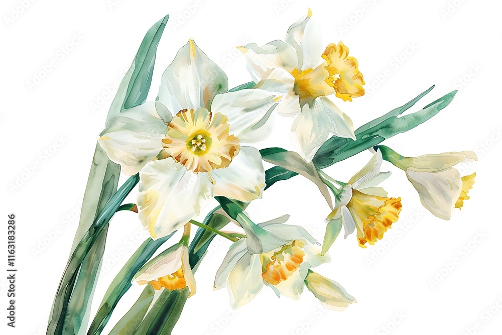 Fototapeta premium Watercolor Yellow Jonquil Isolated on White Background. Beautiful Jonquil Flower