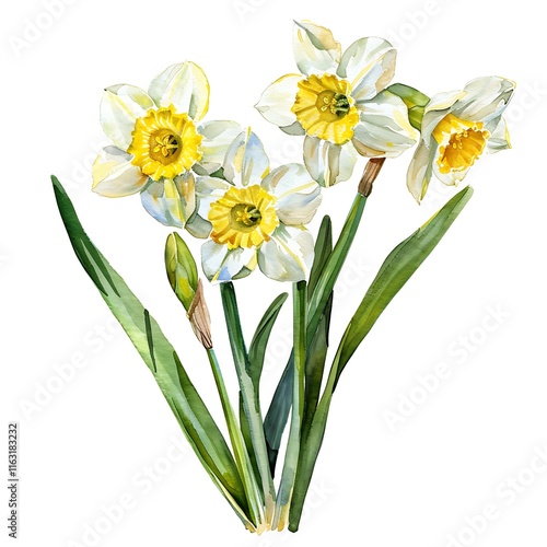 Watercolor Yellow Jonquil Isolated on White Background. Beautiful Jonquil Flower