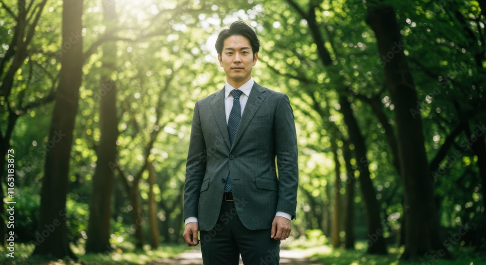 Confident businessman in suit standing amidst lush green forest pathway Confident businessman in suit standing amidst lush green forest pathway