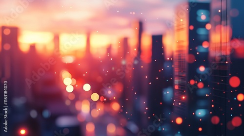 Stunning sunset over city skyline with soft bokeh lights and vibrant colors photo