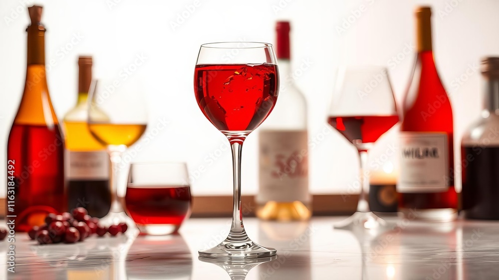 A clear glass filled with red wine sitting next to a bottle of wine on a clean white background, glass, alcohol A clear glass filled with red wine sitting next to a bottle of wine on a clean white background, glass, alcohol