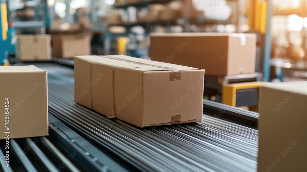 A food processing plant with rows of packaged goods on conveyor belts A food processing plant with rows of packaged goods on conveyor belts