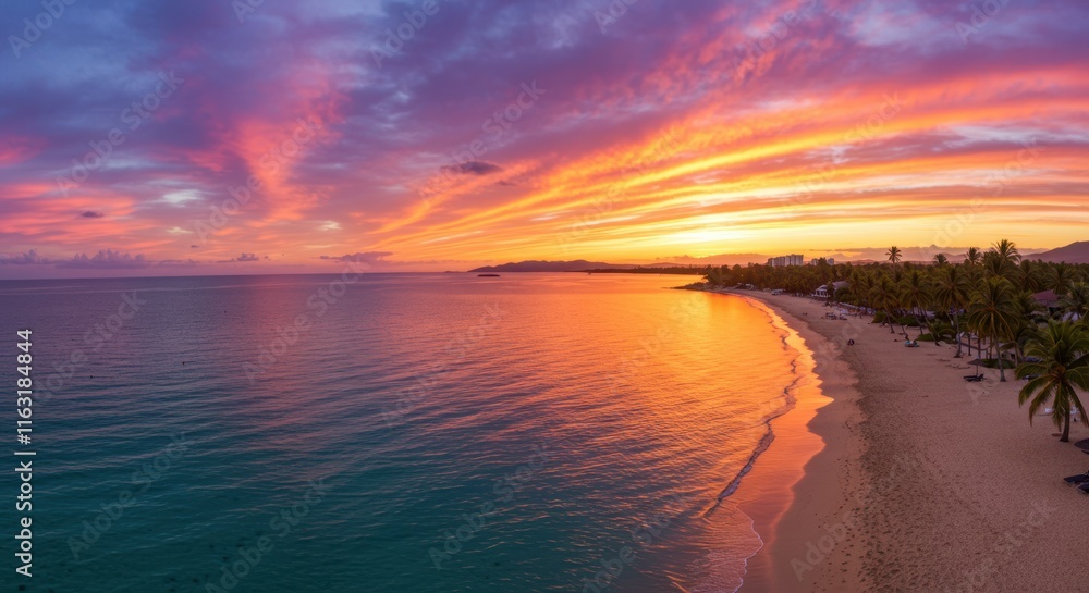 Fototapeta premium Breathtaking tropical sunset over serene beach with vibrant sky