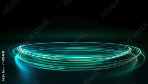 3D rendering of glowing neon light lines on a dark background with reflection