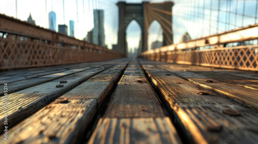 Brooklyn Bridge Walkway Wooden Planks Closeup View, New York City Iconic Landmark Brooklyn Bridge Walkway Wooden Planks Closeup View, New York City Iconic Landmark