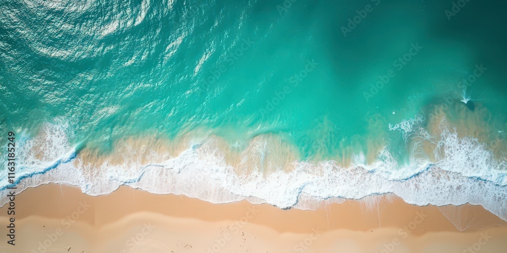 Ocean Waves Crashing on Sandy Beach: An aerial view captures the serene beauty of turquoise ocean waves gently rolling onto a pristine sandy beach. The image evokes a sense of tranquility and escape. Ocean Waves Crashing on Sandy Beach: An aerial view captures the serene beauty of turquoise ocean waves gently rolling onto a pristine sandy beach. The image evokes a sense of tranquility and escape.