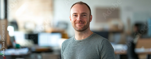Man Smiling in Front of a Paper-Filled Wall, Radiating Positivity