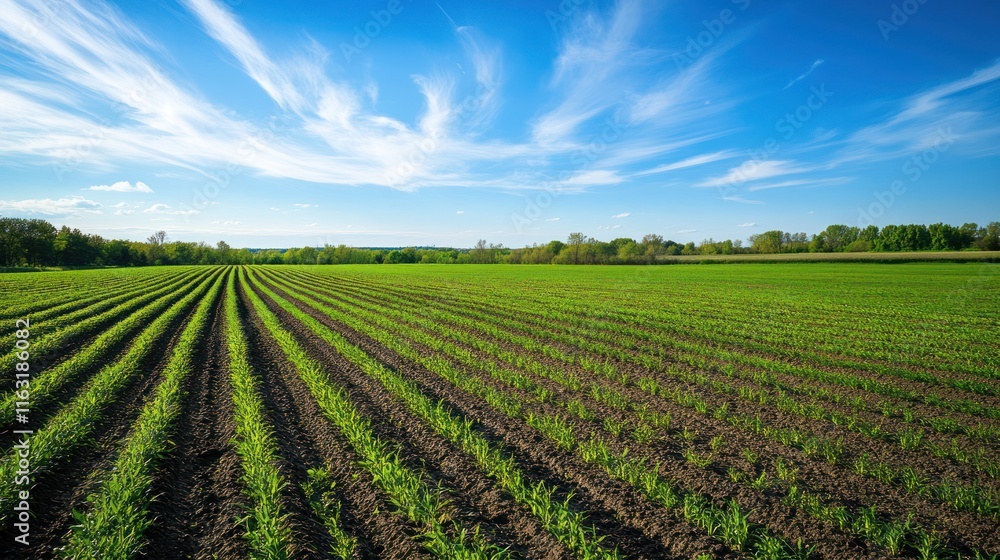 Serene Spring Field: Rows of Young Crops Under a Blue Sky Serene Spring Field: Rows of Young Crops Under a Blue Sky