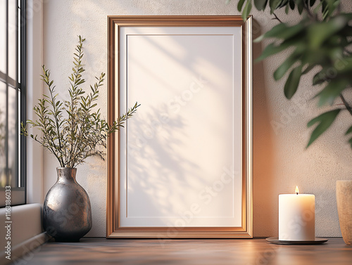 Mockup of a golden wooden frame with a vase and an empty blank white photo frame