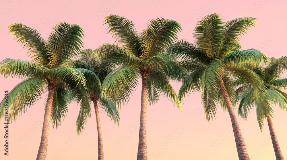 Obraz premium 32.Vivid 3D illustration of lush green palm trees set against a smooth pastel pink background; the palmsâ€™ textured leaves and trunks cast soft shadows, creating a playful yet tropical scene.