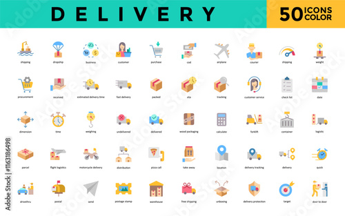 Delivery icon set with shipping, dropship, business, customer, purchase, cod, airplane, courier, weight, procurement icon. Simple flat color vector 
