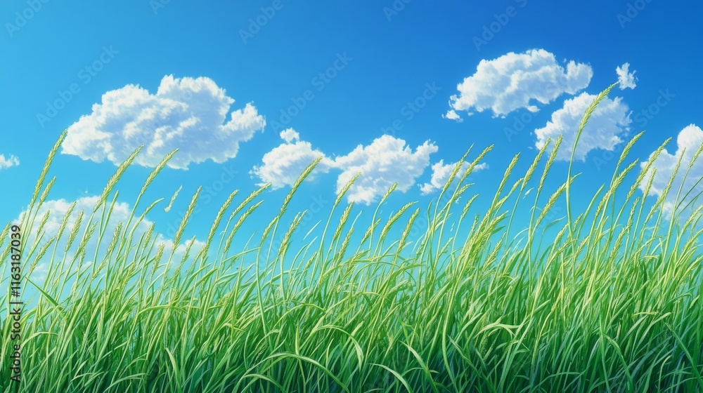 2.Low-angle perspective of tall, lush grass swaying gently, with slender stalks reaching up toward a vibrant blue sky; fluffy white clouds drift in the background, creating a serene, natural 2.Low-angle perspective of tall, lush grass swaying gently, with slender stalks reaching up toward a vibrant blue sky; fluffy white clouds drift in the background, creating a serene, natural