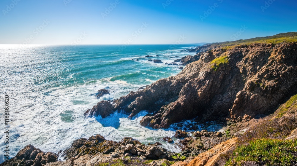 Stunning Coastal Cliffs and Ocean Waves in a Sunny Day