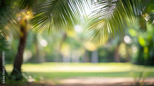 Blurred green bokeh nature scene with tropical coconut trees by beach photo