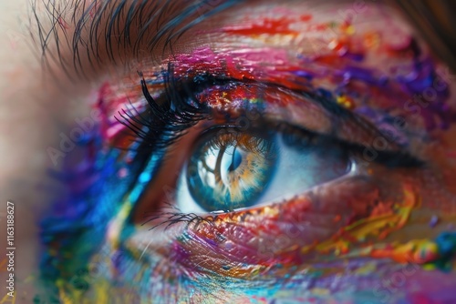 Colorful artistic eye makeup showcases vibrant hues and intricate patterns highlighting creativity and expression in contemporary art