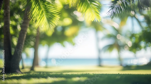 Blurred green bokeh nature scene with tropical coconut trees by beach photo