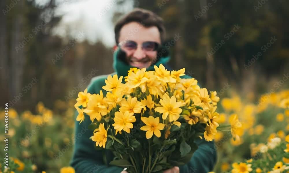 Man hiding behind the back bouquet of yellow spring flowers. Husband making surprise to wife Man hiding behind the back bouquet of yellow spring flowers. Husband making surprise to wife