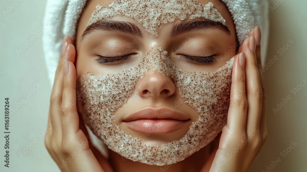 Woman relaxes at home applying natural face scrub. Skincare routine focuses on self-care, rejuvenation. Gently touches face. Natural product for facial care. Healthy, glowing skin. Holistic wellness Woman relaxes at home applying natural face scrub. Skincare routine focuses on self-care, rejuvenation. Gently touches face. Natural product for facial care. Healthy, glowing skin. Holistic wellness