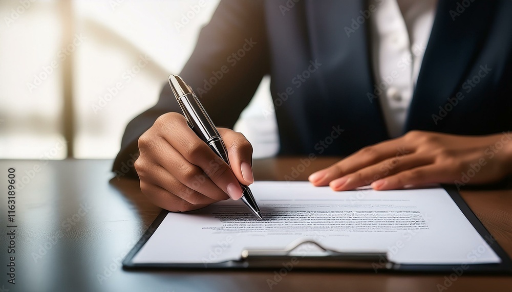 A close-up of a businesswoman's hands signing a contract with a ballpoint pen. A close-up of a businesswoman's hands signing a contract with a ballpoint pen.