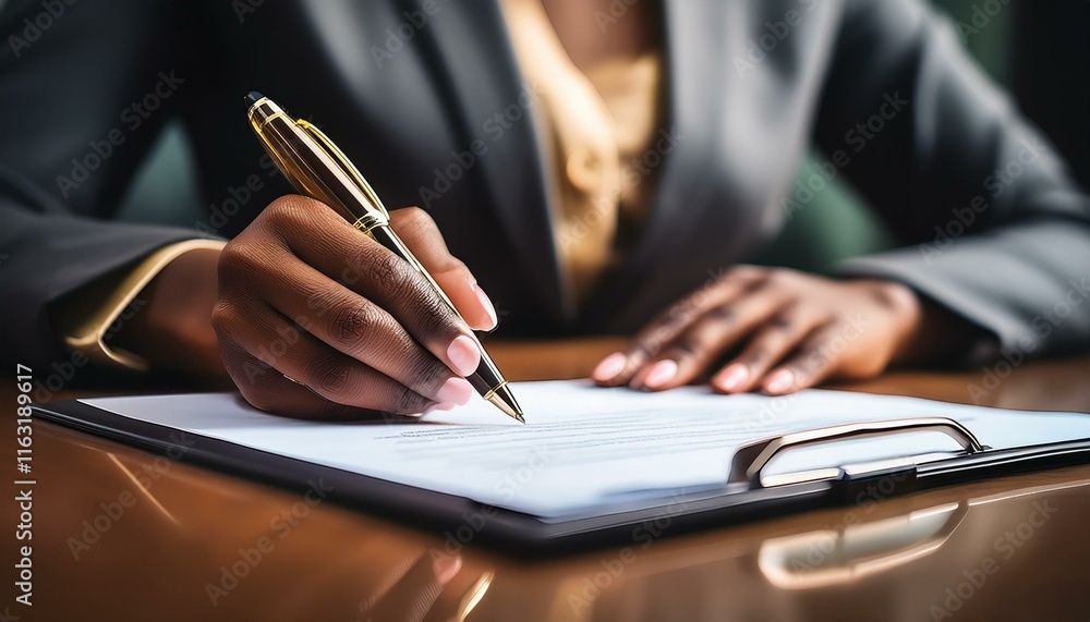 A close-up of a businesswoman's hands signing a contract with a ballpoint pen. A close-up of a businesswoman's hands signing a contract with a ballpoint pen.
