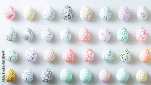 A contemporary Easter design showcasing a grid of pastel-colored eggs, each adorned with unique patterns like dots, stripes, and floral motifs, creating a clean, modern aesthetic.
 photo