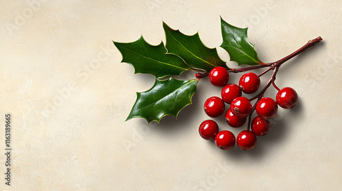 Vibrant Red Holly Berries and Lush Green Leaves for Holiday Designs, Cards, and Festive Decorations photo