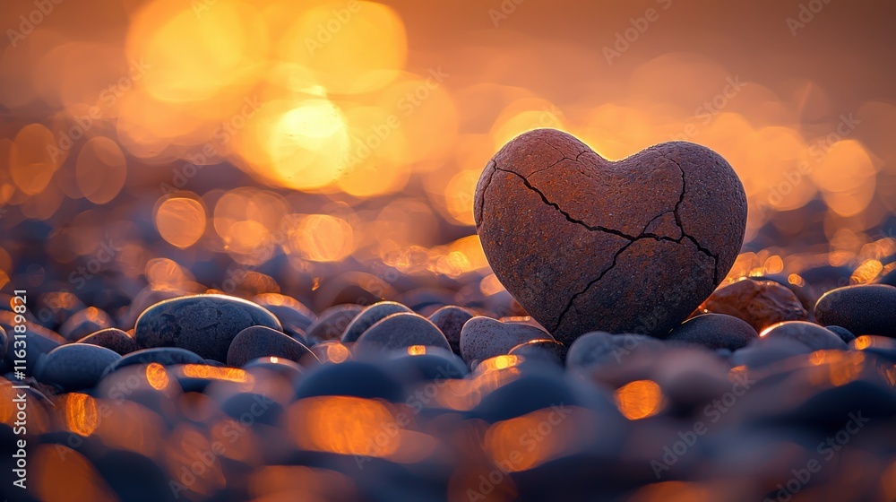 Fototapeta premium A cracked heart-shaped stone rests on a pebble beach at sunset, surrounded by glimmering reflections and soft bokeh, evoking love and serenity.