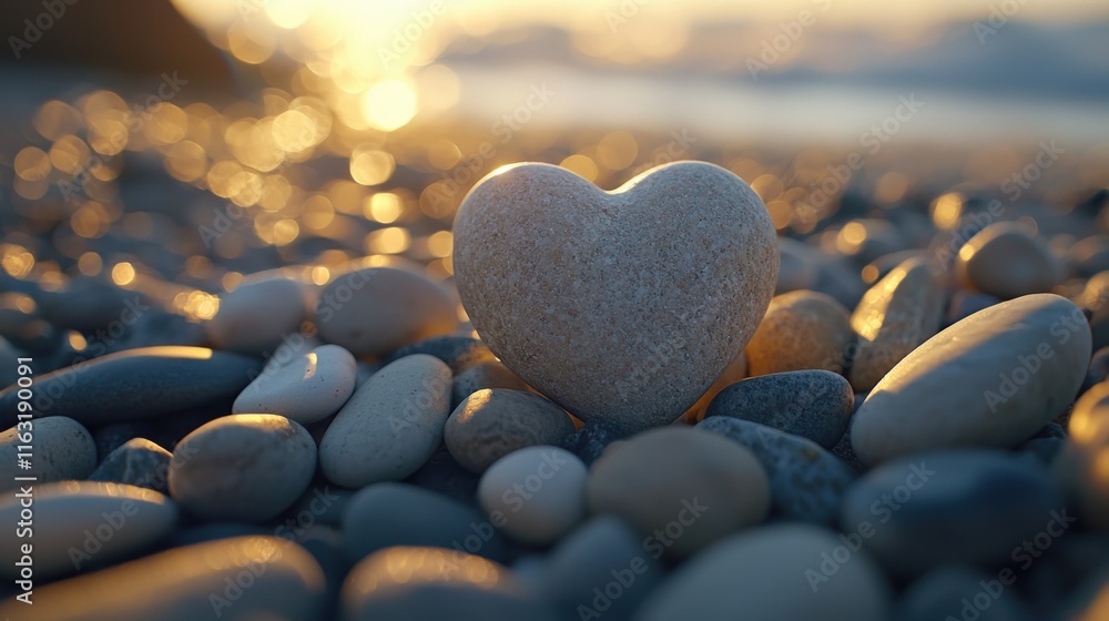A heart-shaped stone rests among smooth pebbles, illuminated by golden sunlight, evoking feelings of love and tranquility by the beach. A heart-shaped stone rests among smooth pebbles, illuminated by golden sunlight, evoking feelings of love and tranquility by the beach.