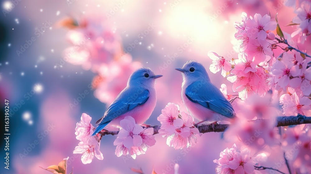 Bluebirds perched amid cherry blossoms in a dreamy spring scene Bluebirds perched amid cherry blossoms in a dreamy spring scene