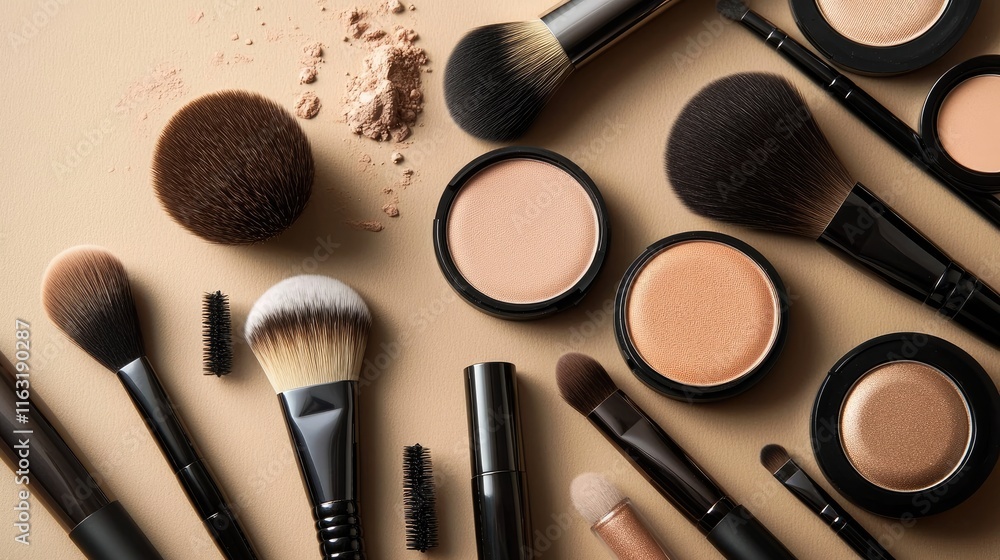 Makeup brushes and powder compacts arranged aesthetically Makeup brushes and powder compacts arranged aesthetically