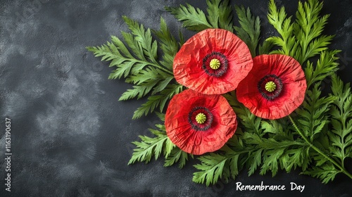 Red poppies arrangement on dark background for remembrance day tribute Happy ANZAC Day, Lest We Forget photo